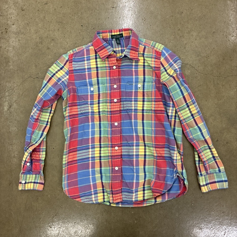 LRL Lauren Jeans Women's Shirt Sz M Button Up Multi Color Plaid 100% Cotton